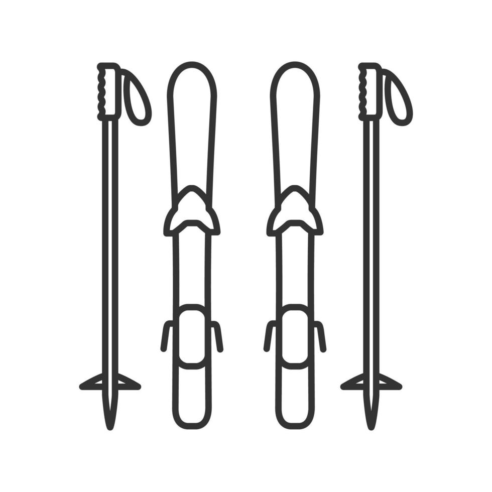 icona lineare dell'attrezzatura da sci. illustrazione al tratto sottile. tavole da sci e bastoncini. simbolo di contorno. disegno di contorno isolato vettoriale