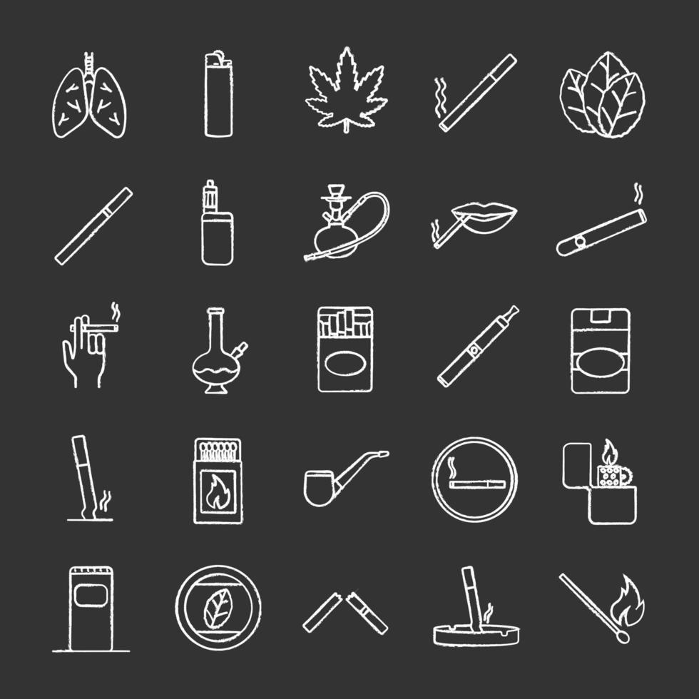 set di icone di gesso fumatori. sigarette, dispositivi per fumare, cultura della cannabis. illustrazioni di lavagna vettoriali isolate