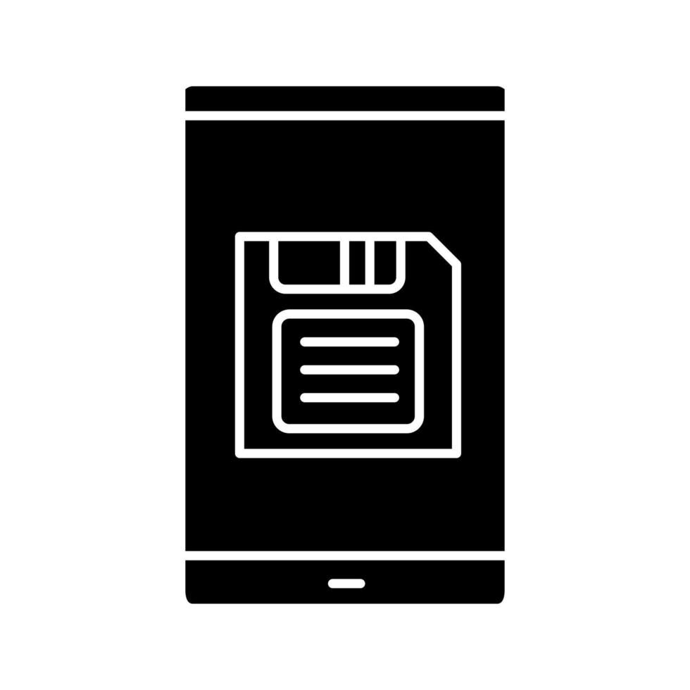 schermo dello smartphone con icona glifo del pulsante di salvataggio. simbolo della sagoma. salvataggio dei dati. spazio negativo. illustrazione vettoriale isolato