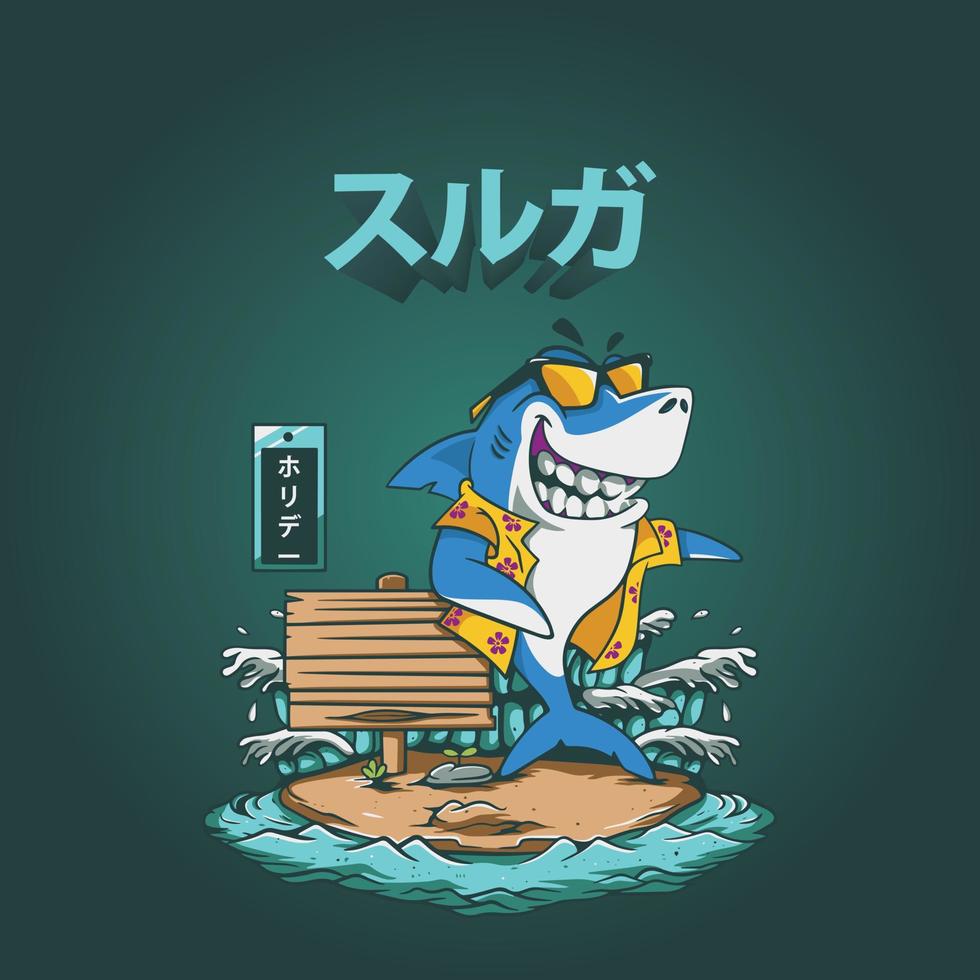 illustrazione della spiaggia. personaggio del logo dello squalo. grafica vettoriale per stampe di t-shirt e altri usi.
