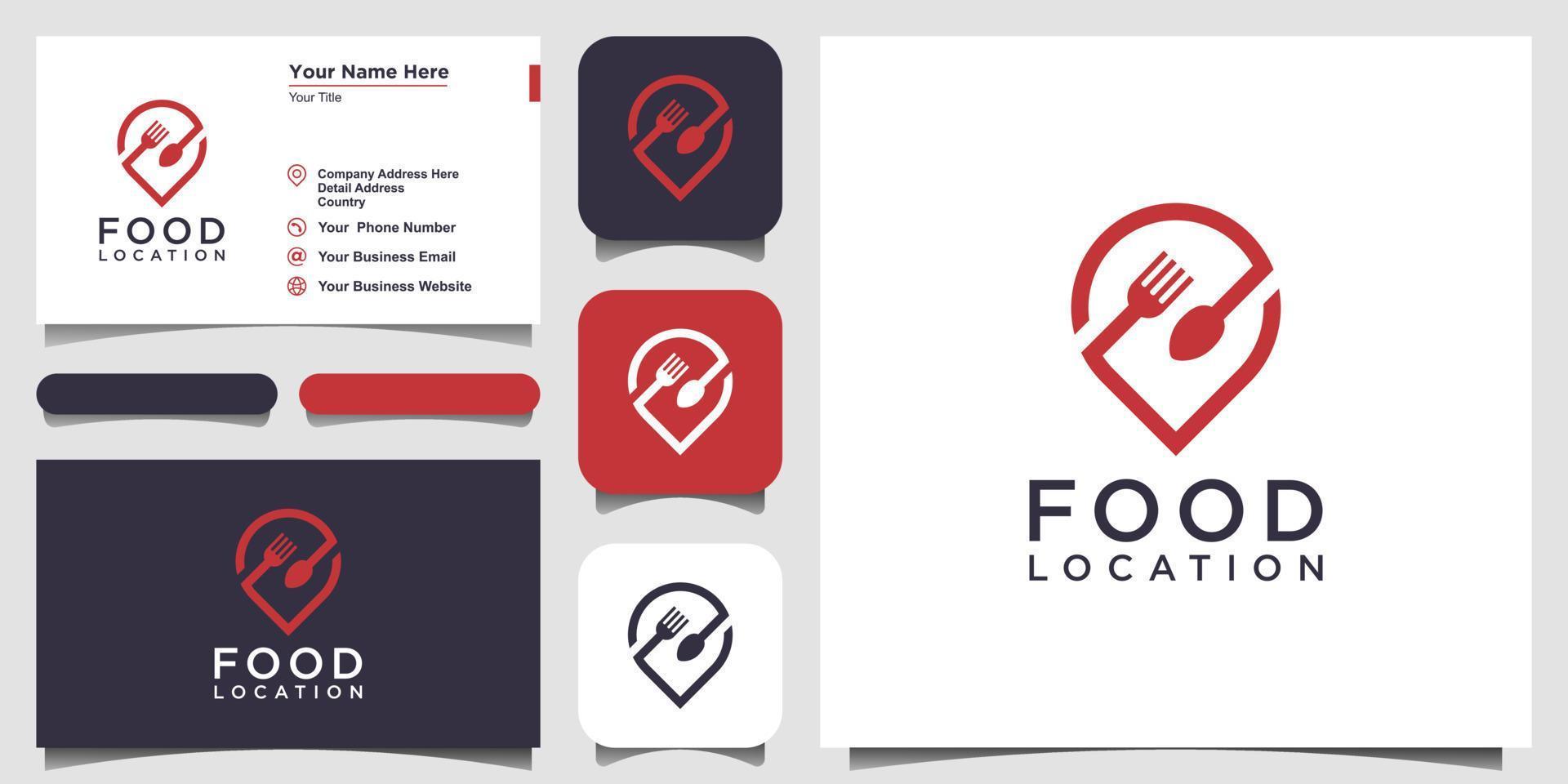 design del logo della posizione del cibo, con il concetto di un'icona a forma di spillo combinata con una forchetta e un cucchiaio. disegno del biglietto da visita vettore