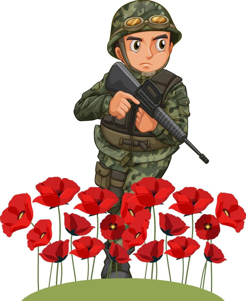 personaggio dei cartoni animati militare con fiore di papavero vettore