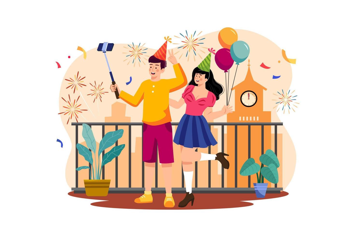 coppia che si fa un selfie per festeggiare il capodanno vettore