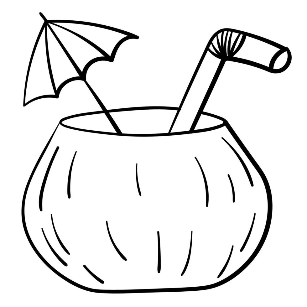doodle adesivo cocktail in cocco con paglia e ombrellone vettore