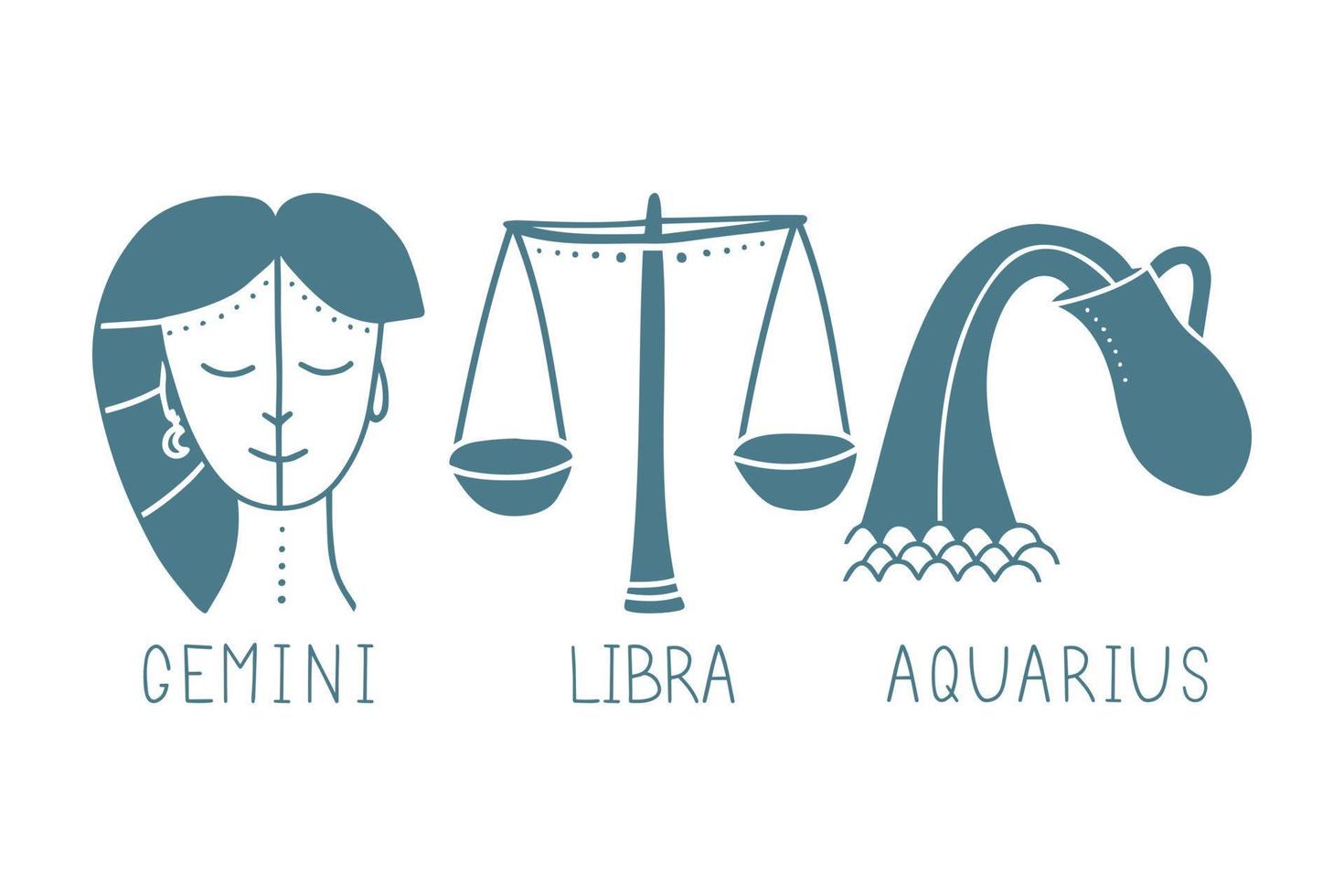 insieme di vettore dei segni zodiacali dell'aria. simboli 3 segni con iscrizioni. gemelli, bilancia e acquario. immagini vettoriali di segni zodiacali per astrologia e oroscopi.