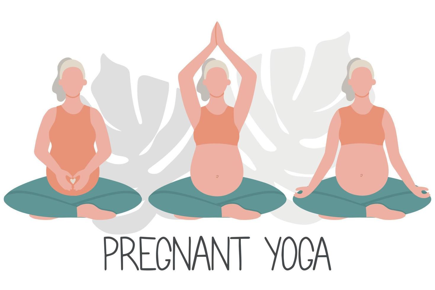 concetto di gravidanza felice e sana. donna incinta che fa yoga, 3 esercizi per la salute e il relax vettore