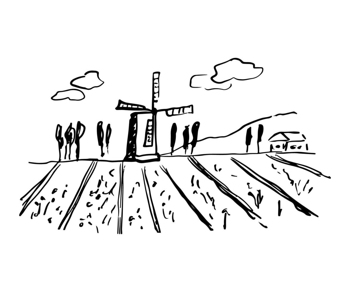 disegno mulino a vento vintage e paesaggio italiano. illustrazione vettoriale in stile inciso isolato su sfondo bianco. toscana campo rurale, casa e nuvole.