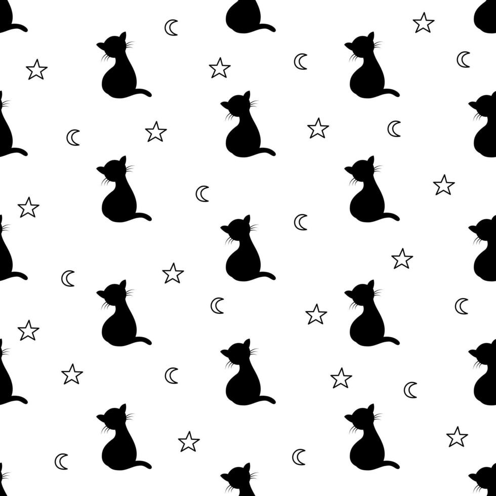gatto nero senza cuciture con stelle su sfondo bianco vettore