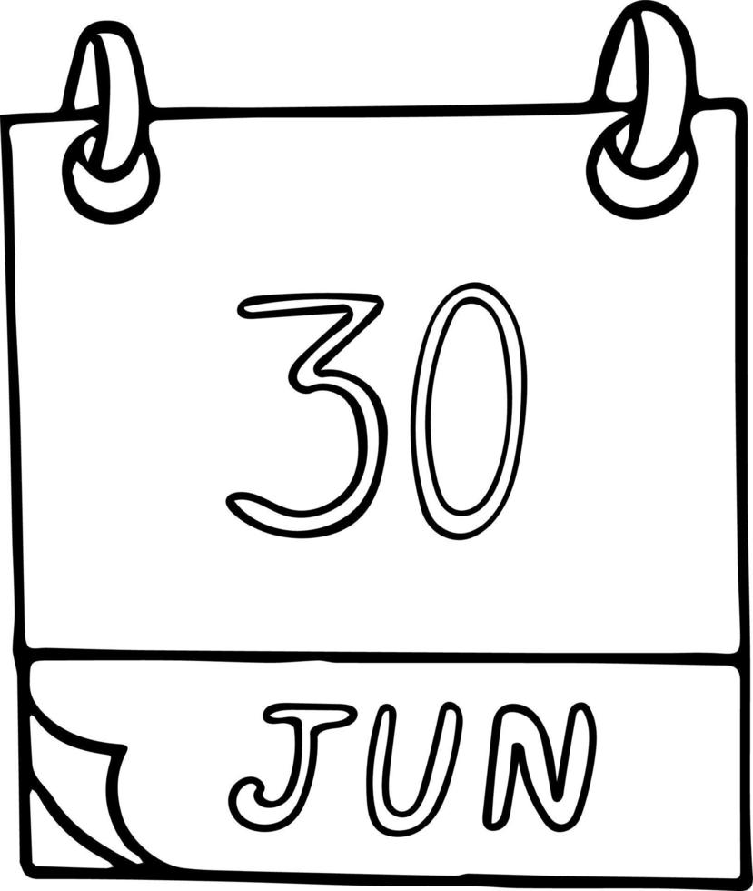 calendario disegnato a mano in stile doodle. 30 giugno. giorno dell'asteroide, data. icona, elemento adesivo per il design. pianificazione, vacanza d'affari vettore