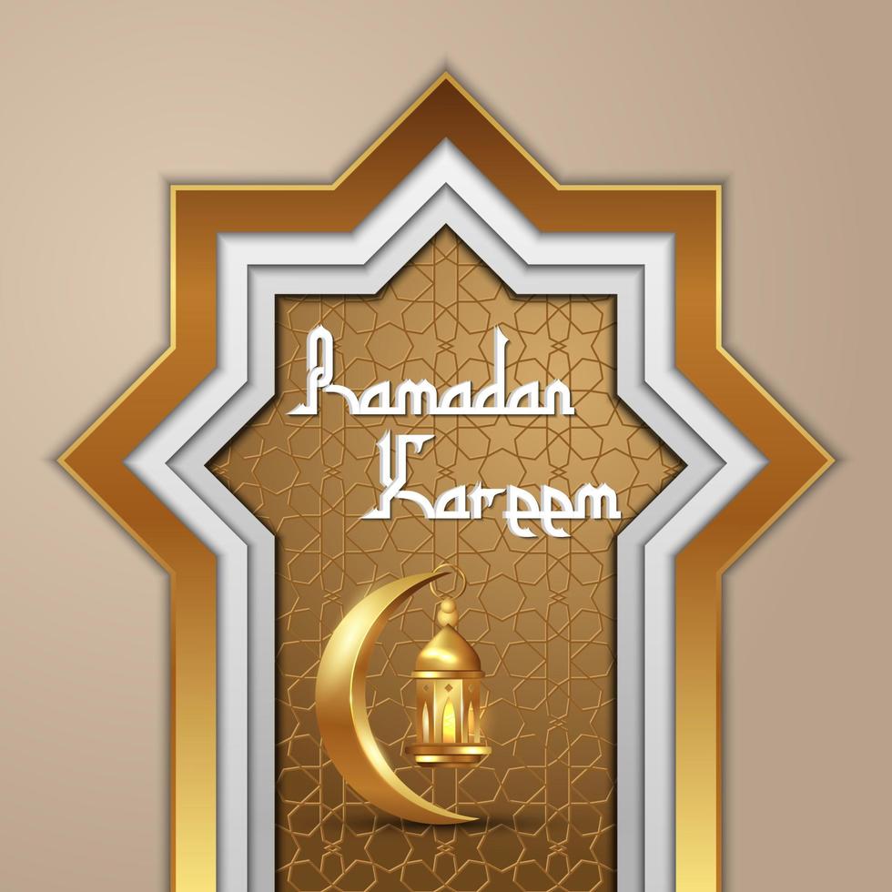 ramadan kareem design islamico luna crescente e lanterna con motivo arabo e calligrafia vettore