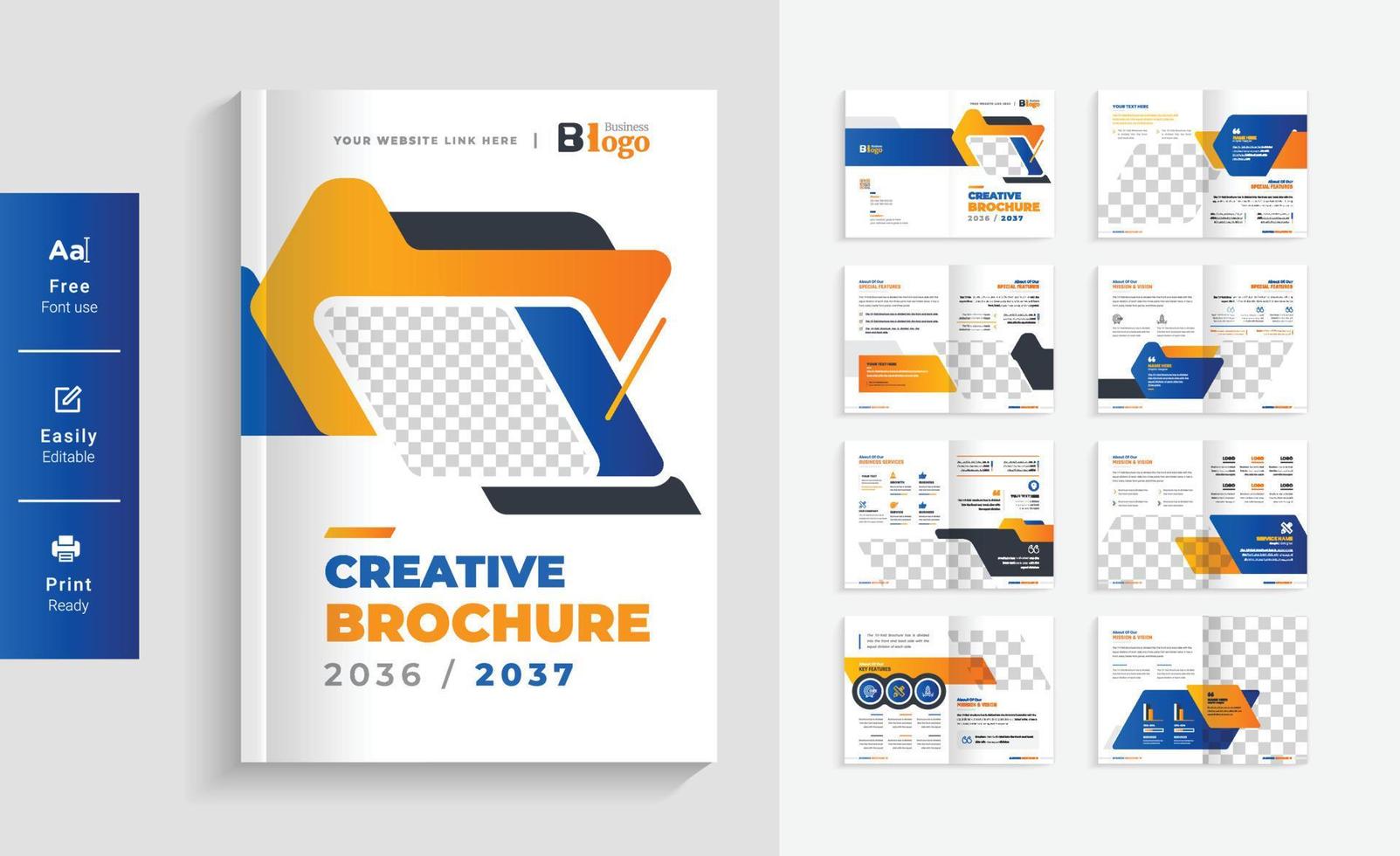 Brochure aziendale moderna geometrica da 16 pagine con design astratto colorato. utilizzare per il marketing, la stampa, il rapporto annuale e le presentazioni aziendali vettore