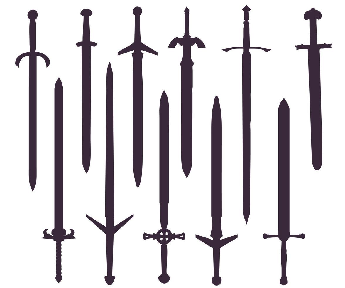 una serie di sagome di spade di diversi cavalieri vettore