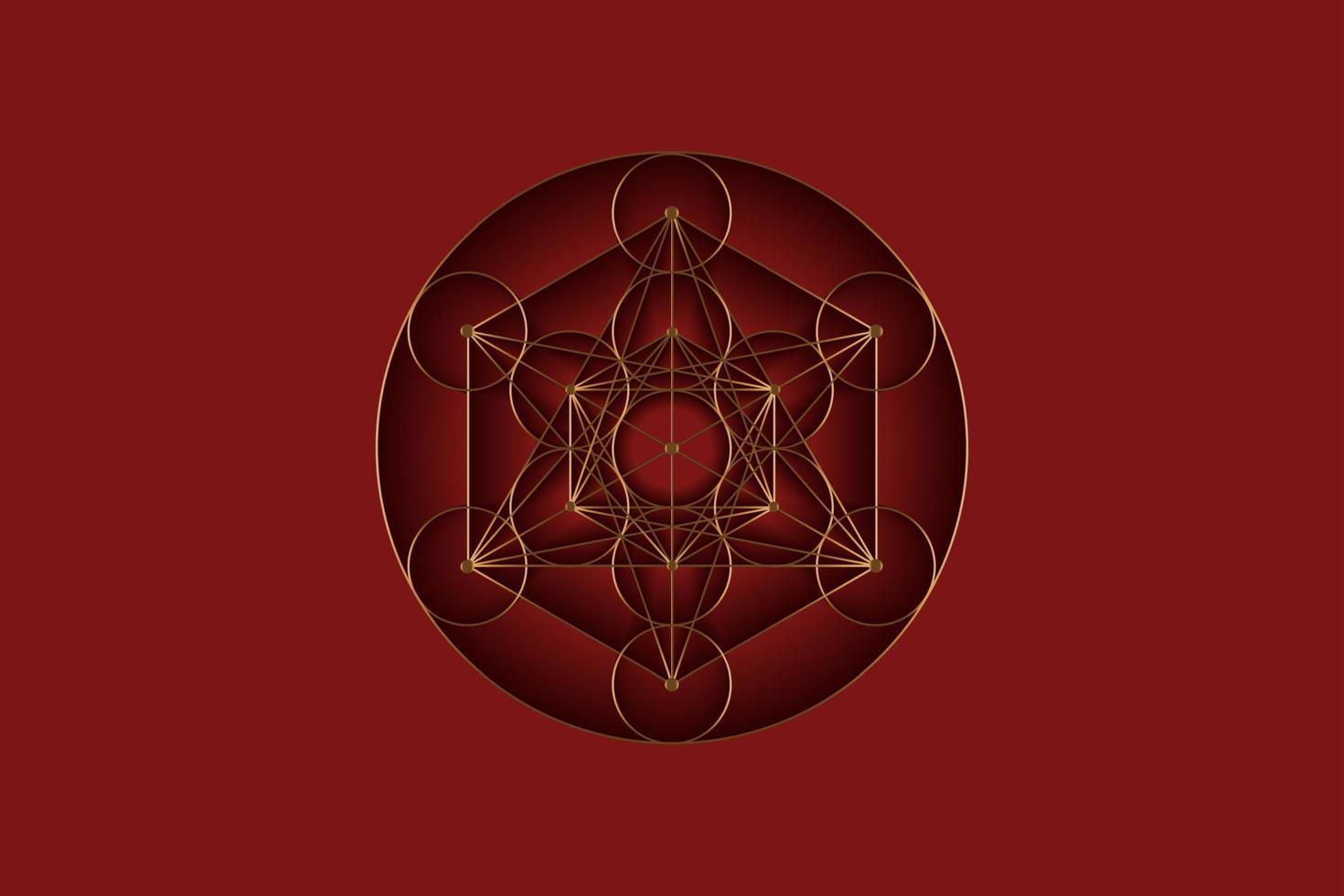 seme della vita, geometria sacra, fiore della vita, cubo di metatron, logo di lusso in oro. simbolo di armonia ed equilibrio, ornamento geometrico dorato, vettore isolato su sfondo rosso