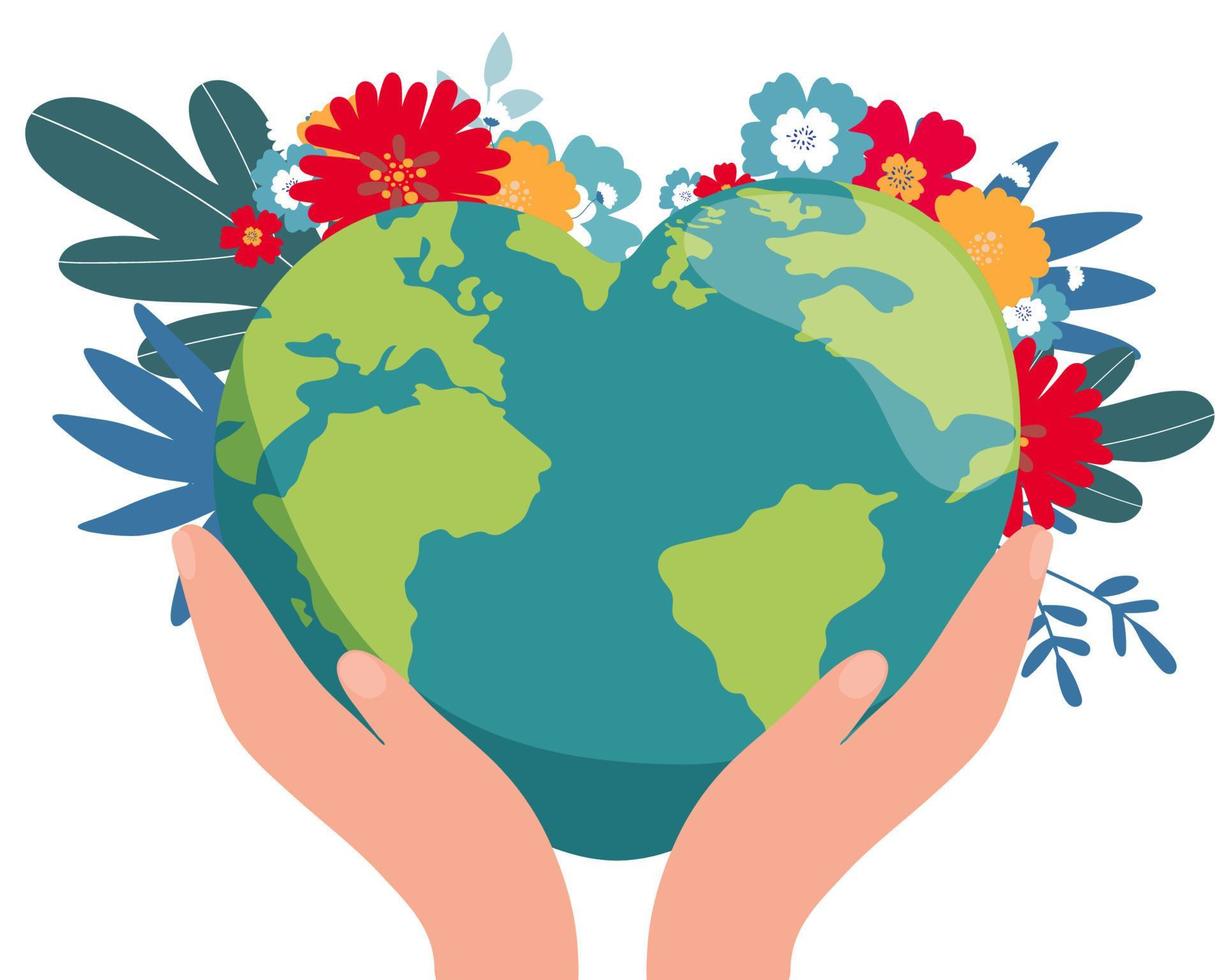 illustrazione della giornata della terra con il pianeta nel cuore. sfondo della mappa del mondo il 22 aprile concetto di ambiente. disegno vettoriale per banner, poster o biglietto di auguri