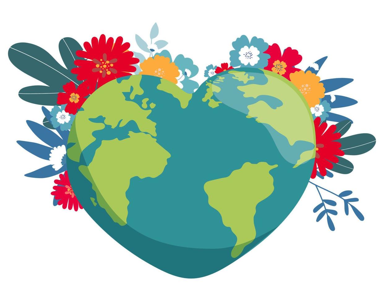 illustrazione della giornata della terra con il pianeta nel cuore con i fiori. sfondo della mappa del mondo il 22 aprile concetto di ambiente. disegno vettoriale per banner, poster o biglietto di auguri. illustrazione vettoriale