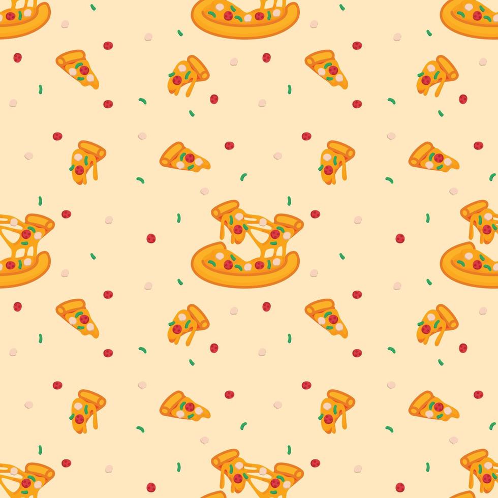 pezzo di pizza kawaii doodle piatto cartone animato illustrazione vettoriale motivo senza cuciture carta da parati carta da parati sfondo