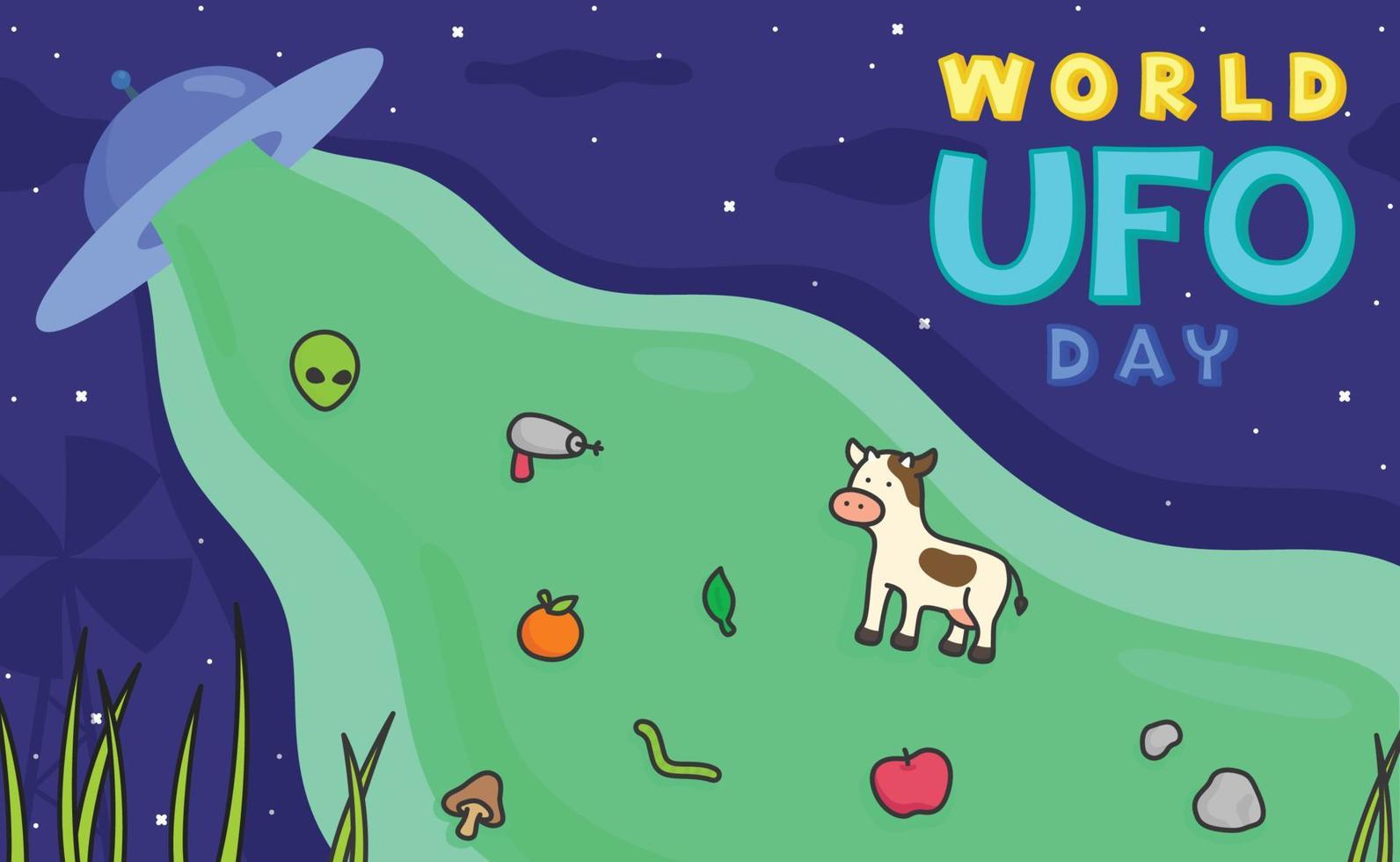 un alieno visita la terra per la giornata mondiale dell'ufo kawaii doodle piatto cartone animato illustrazione vettoriale