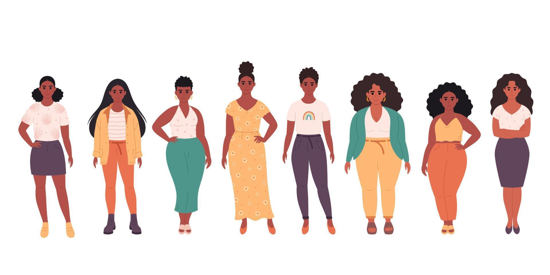 donne nere di diversi tipi di corporatura, acconciature, età. diversità sociale delle persone nella società moderna. abbigliamento casual alla moda. vettore