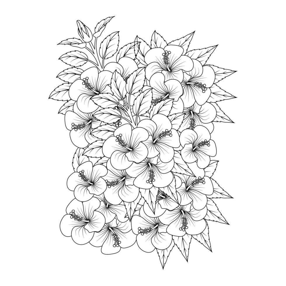 doodle pagina da colorare di fiori di ibisco illustrazione con tratto line art vettore