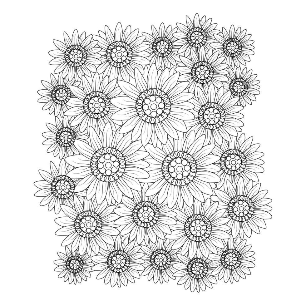 foglio di lavoro antistress di girasoli di illustrazione di bouquet per libro da colorare per bambini e adulti vettore