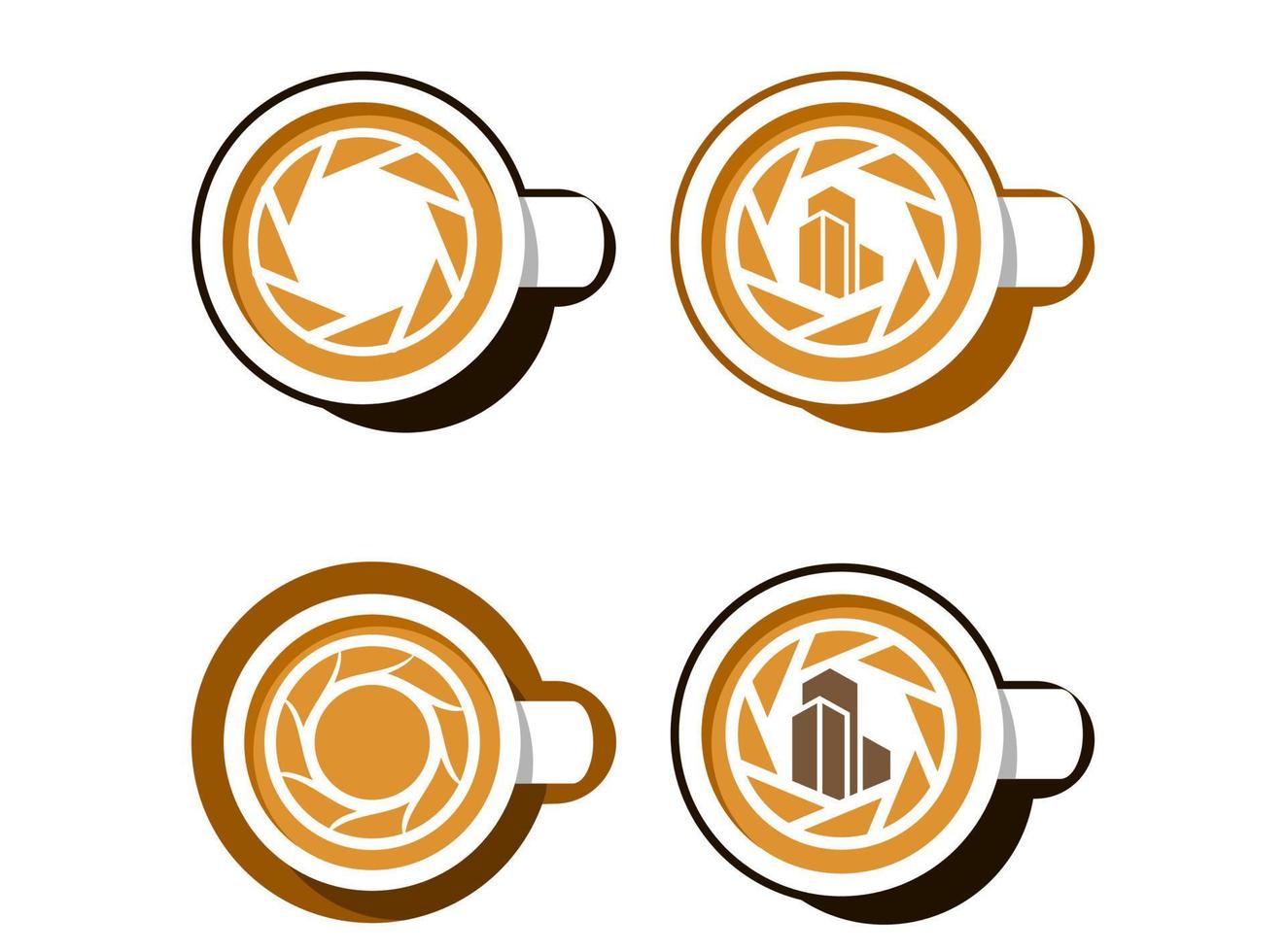 tazza di caffè latte con design del logo del marchio aziendale dell'obiettivo della fotocamera vettore