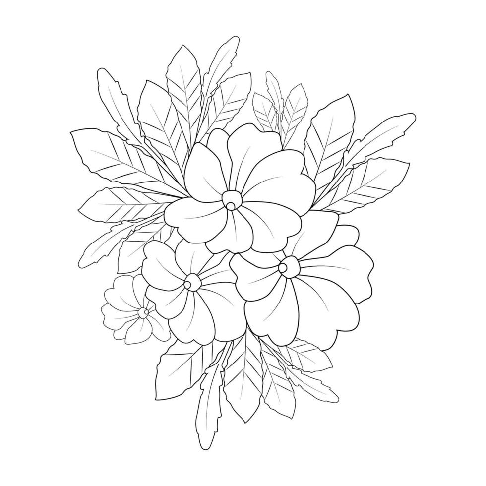 fiore in fiore con foglie libro da colorare elemento pagina con illustrazione grafica vettore