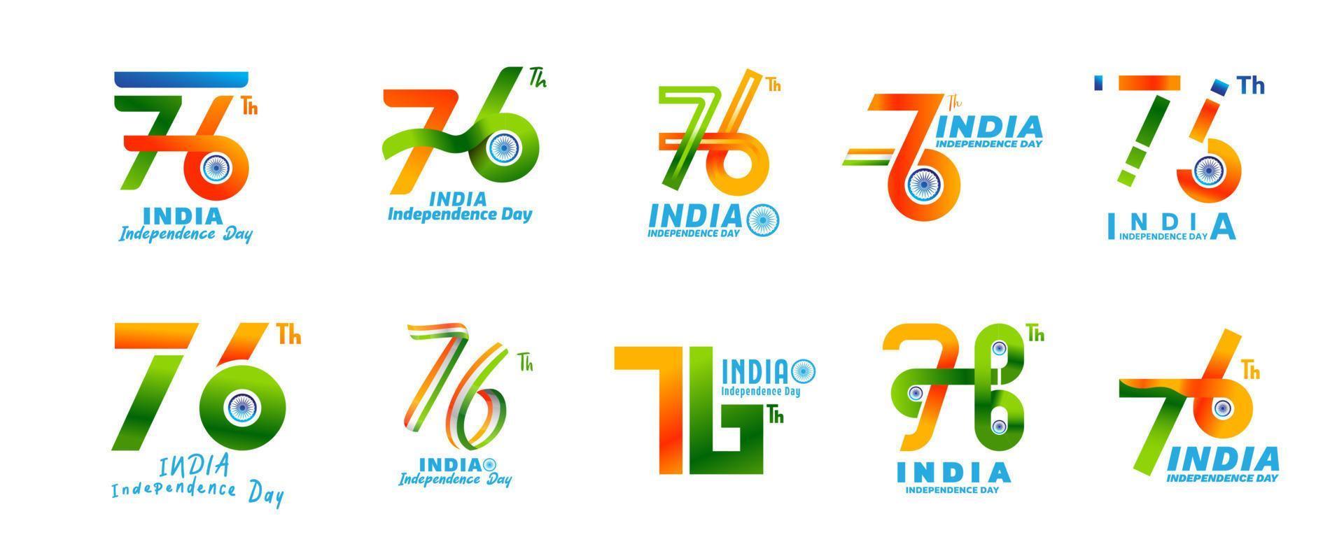 76° logo festa dell'indipendenza dell'india 15 agosto. set di adesivi, set tipografia, elementi e decorazioni vettore