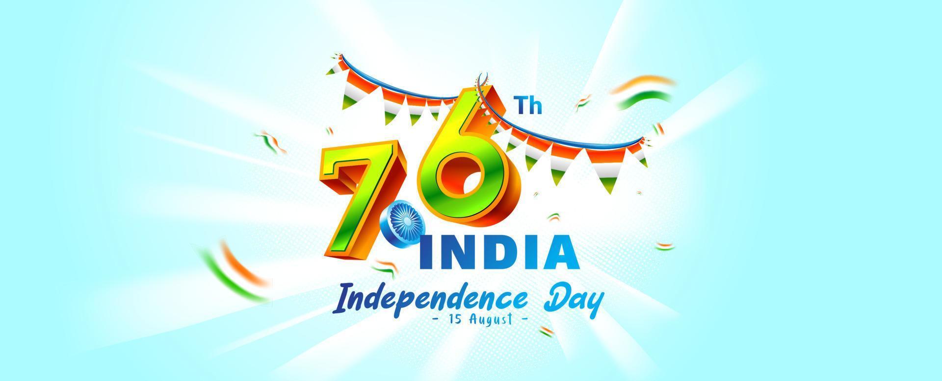 76 anni felice festa dell'indipendenza dell'india 15 agosto celebrazione con uso di bandiera festiva per banner, modello e web vettore