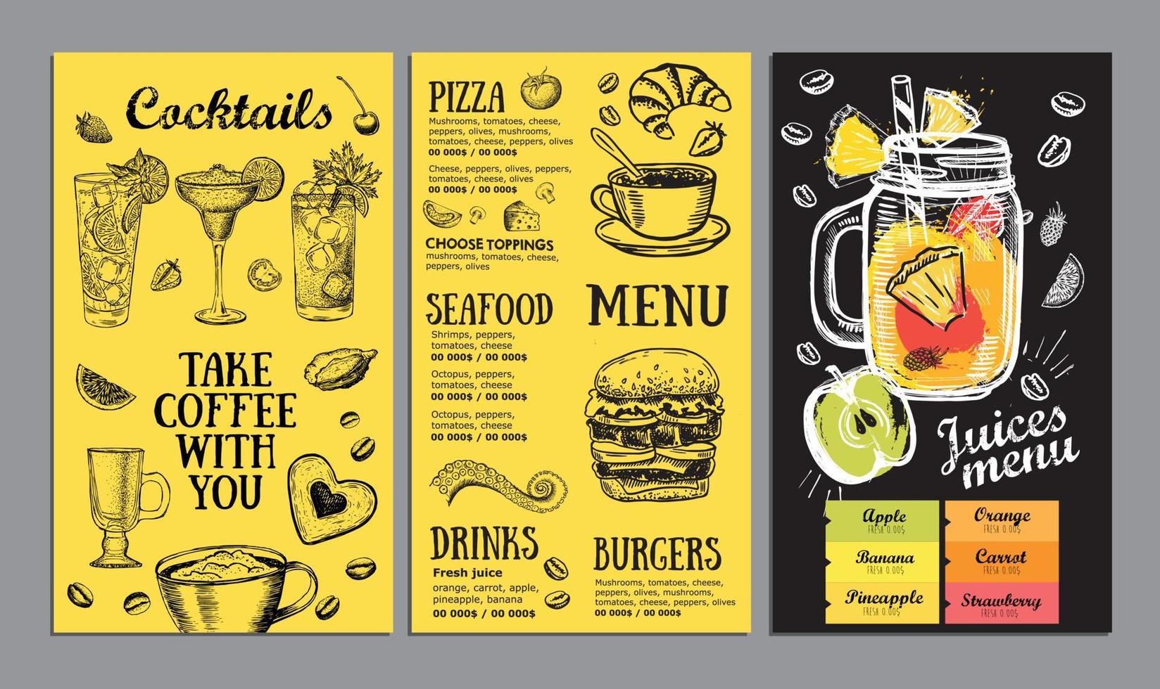 menu estivo, design del modello. volantino alimentare. stile disegnato a mano. illustrazione vettoriale. vettore