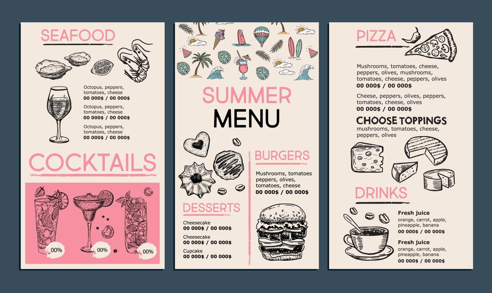 menu estivo, design del modello. volantino alimentare. stile disegnato a mano. illustrazione vettoriale. vettore