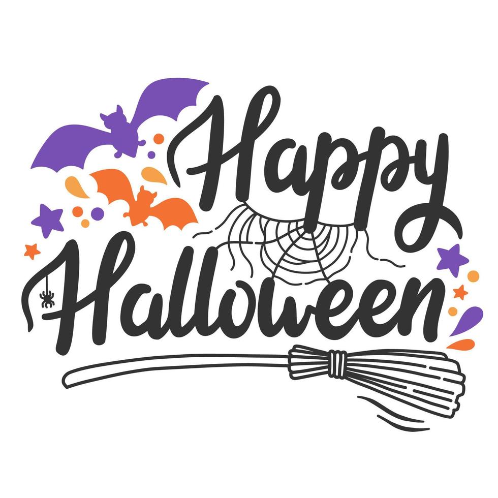 felice halloween lettering pipistrelli strega scopa ragno e ragnatela illustrazione vettoriale