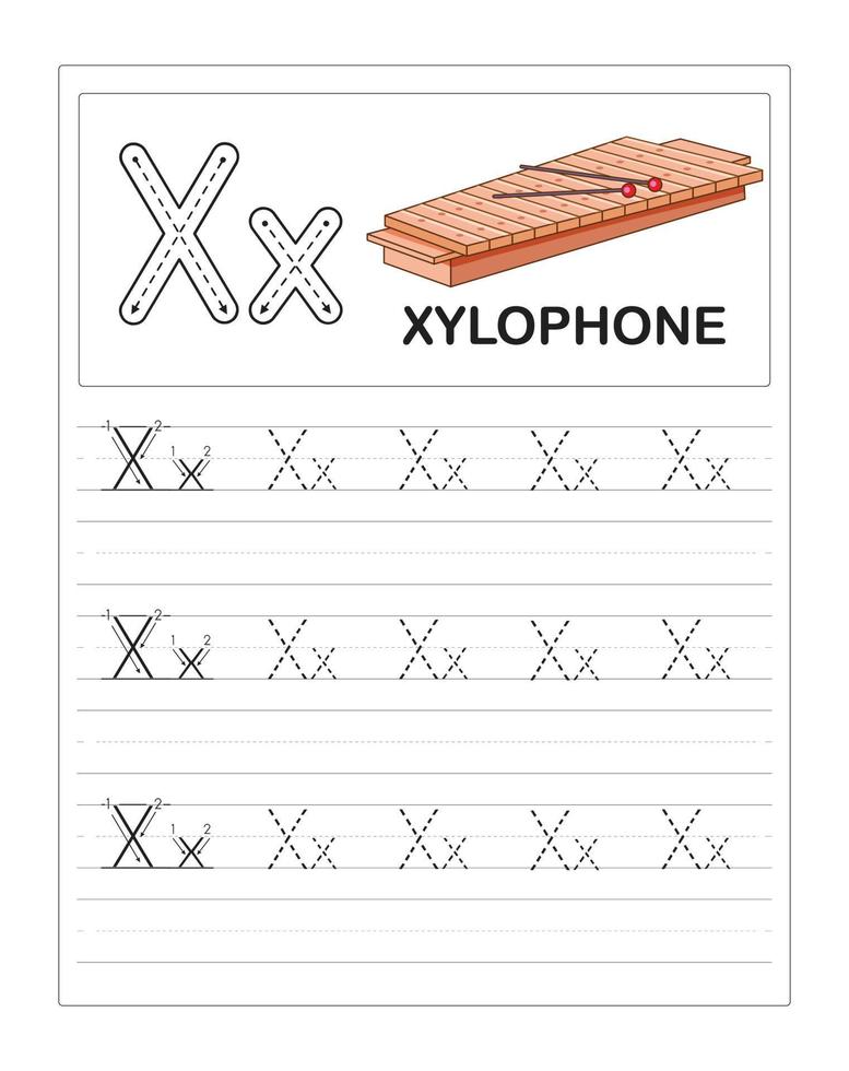 fogli di lavoro pratici per tracciare l'alfabeto colorato per bambini, x è per xilofono vettore
