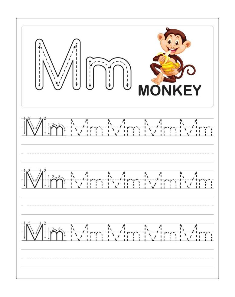 fogli di lavoro per la pratica del tracciamento dell'alfabeto colorato per bambini, m è per scimmia vettore