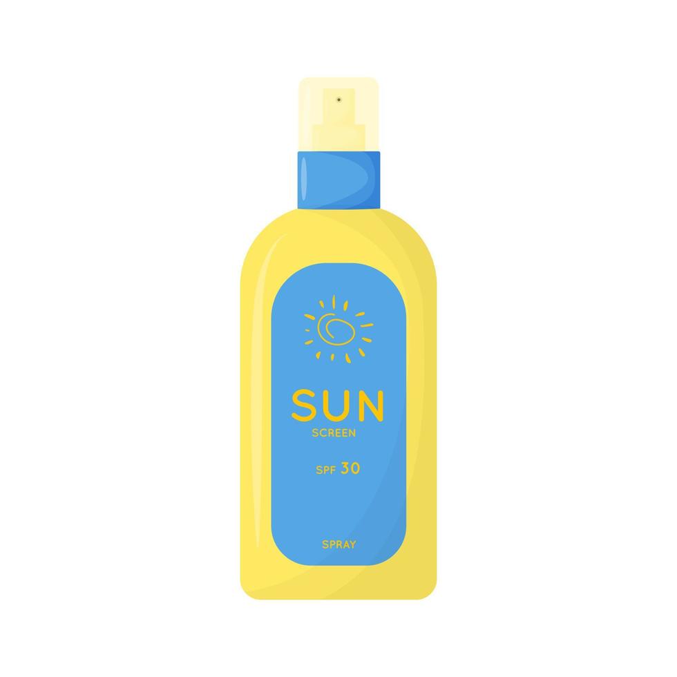 prodotto per la cura della pelle. protezione solare, spray di protezione dai raggi UV. tubetto di prodotto solare con spf. cosmetico estivo. illustrazione vettoriale piatta isolata su sfondo bianco.