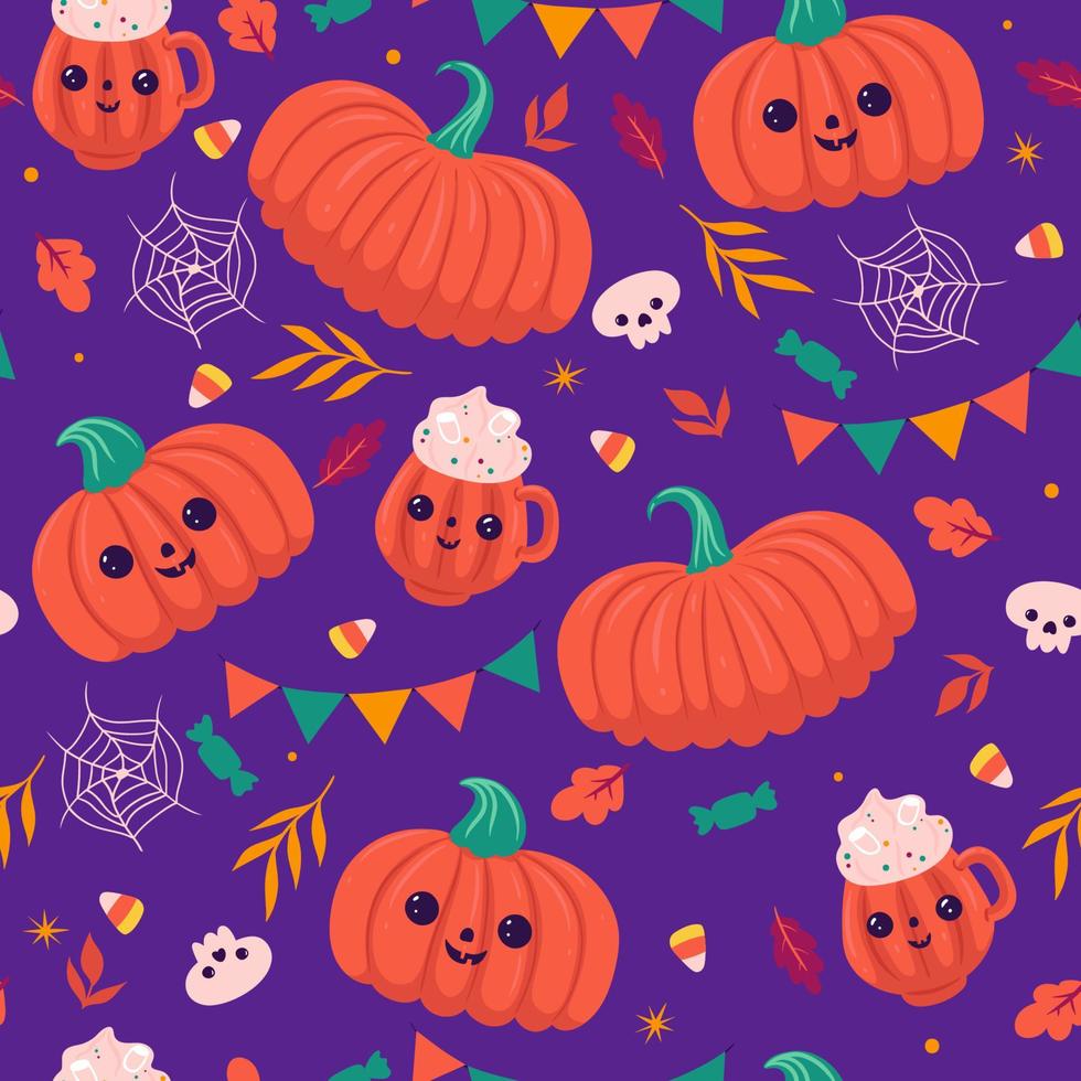 modello senza cuciture di halloween con zucche e dolci. grafica vettoriale. vettore