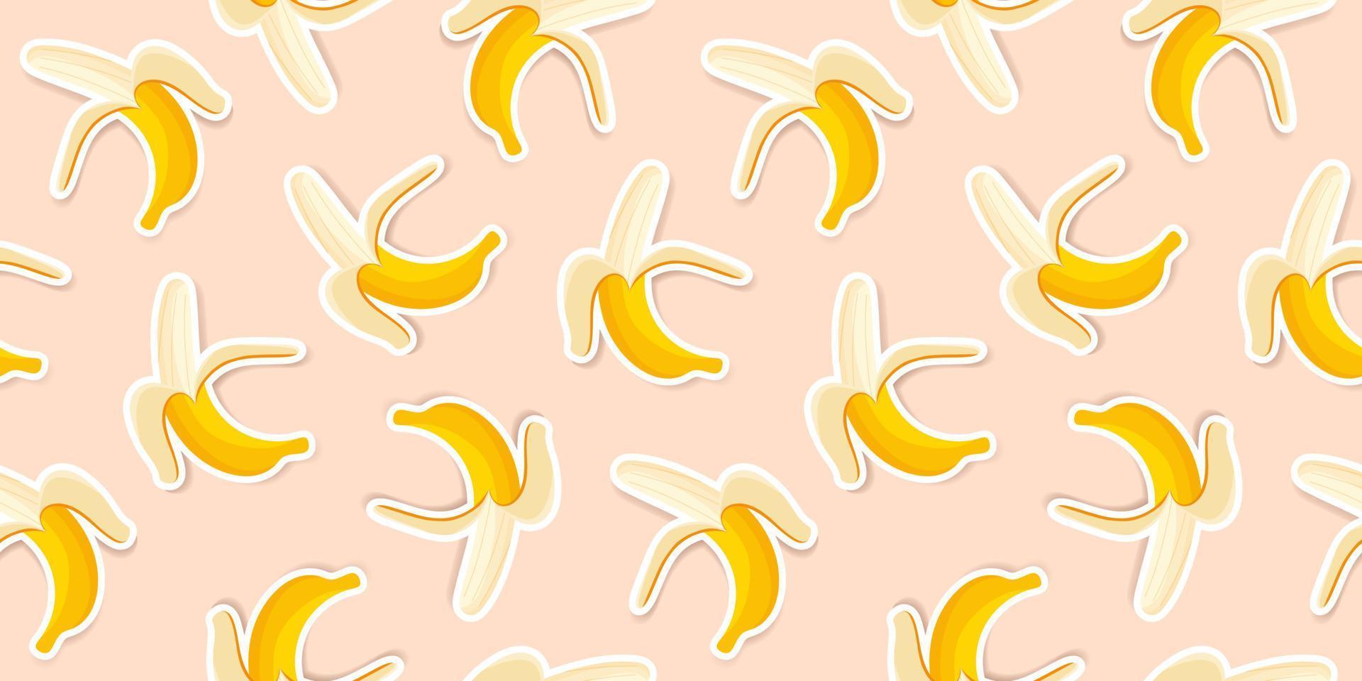 graziose banane gialle su uno sfondo di corallo. design alla moda con motivo a banana per sfondi, stampa, tessuto e cancelleria. modello adesivo banana gialla. frutta vettoriale illustrata.