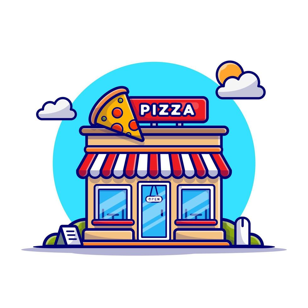 illustrazione dell'icona di vettore del fumetto della pizzeria. concetto di icona della costruzione di cibo isolato vettore premium. stile cartone animato piatto