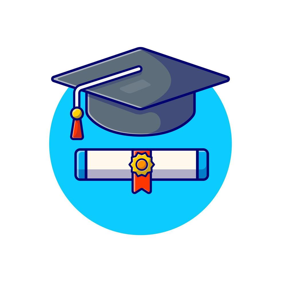 illustrazione dell'icona di vettore del fumetto dei certificati di laurea e del cappello di laurea. istruzione oggetto icona concetto isolato premium vettore. stile cartone animato piatto