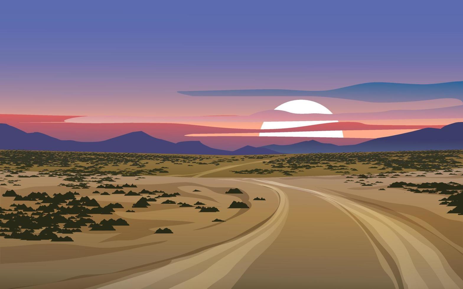 paesaggio di strada sterrata del deserto al tramonto vettore