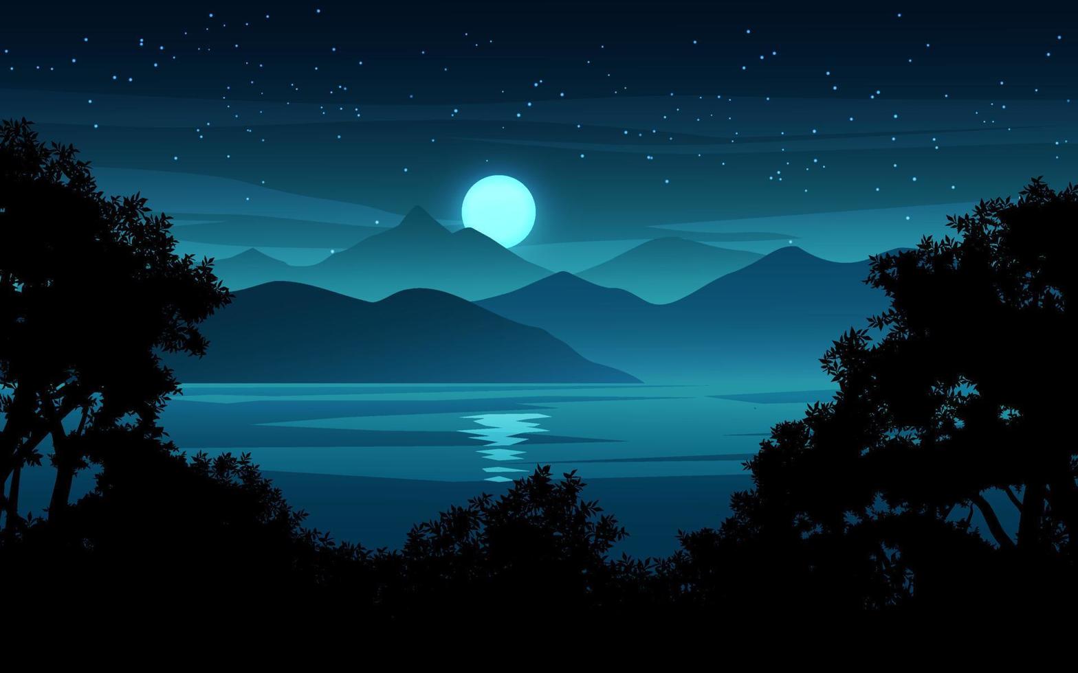 paesaggio notturno di lago e montagna con luna piena e stelle vettore