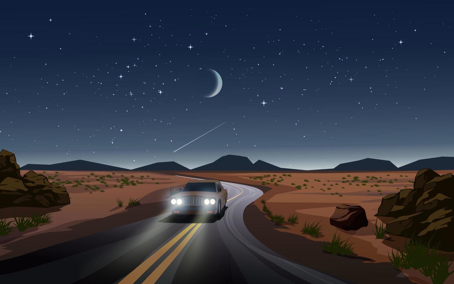 notte meravigliosa nel deserto con strada, luna e stelle vettore