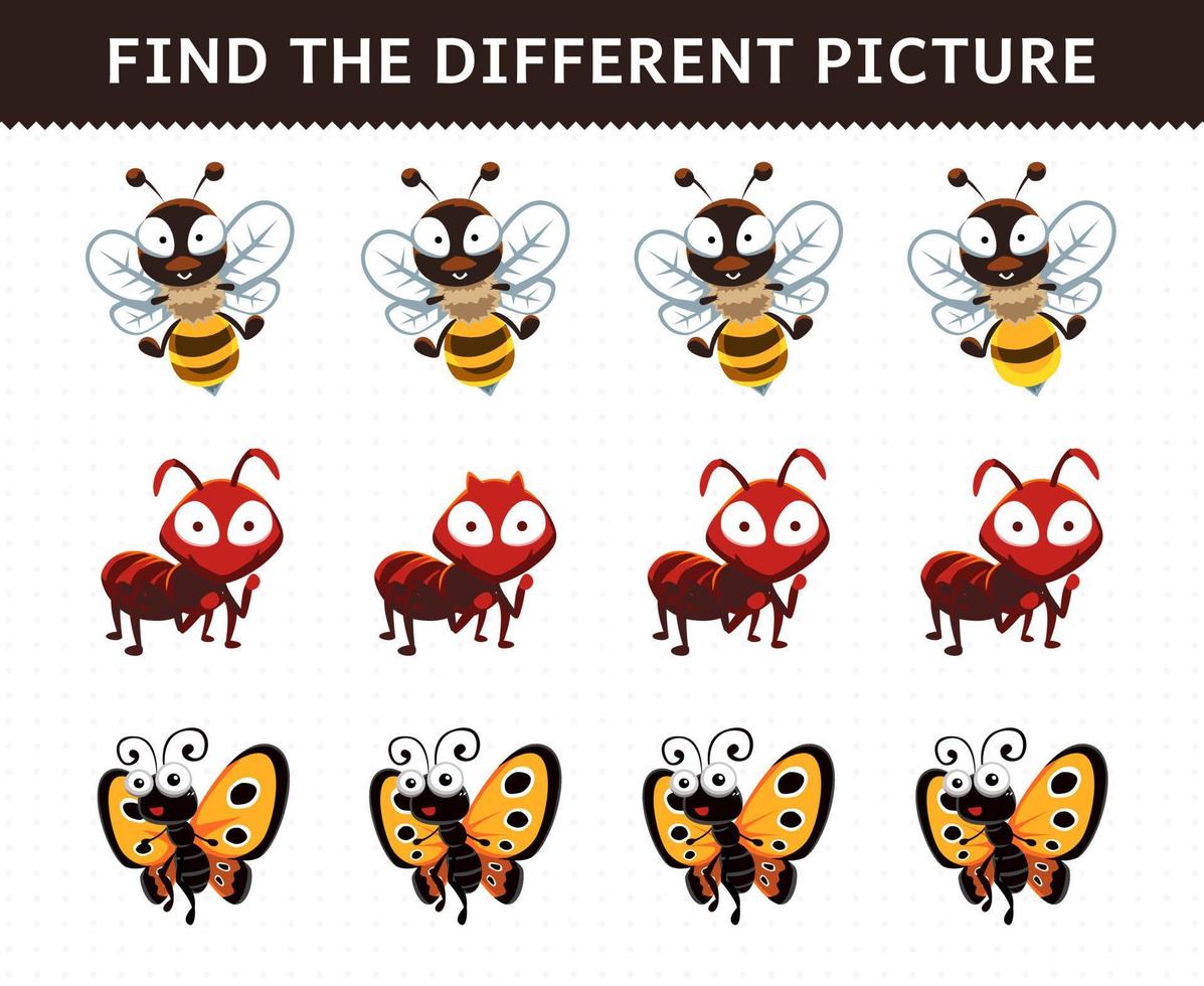 gioco educativo per bambini trova l'immagine diversa in ogni riga simpatico cartone animato ape formica farfalla vettore