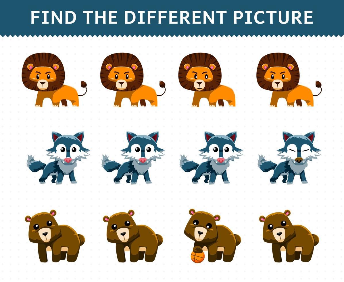 gioco educativo per bambini trova l'immagine diversa in ogni riga simpatico cartone animato leone lupo orso vettore