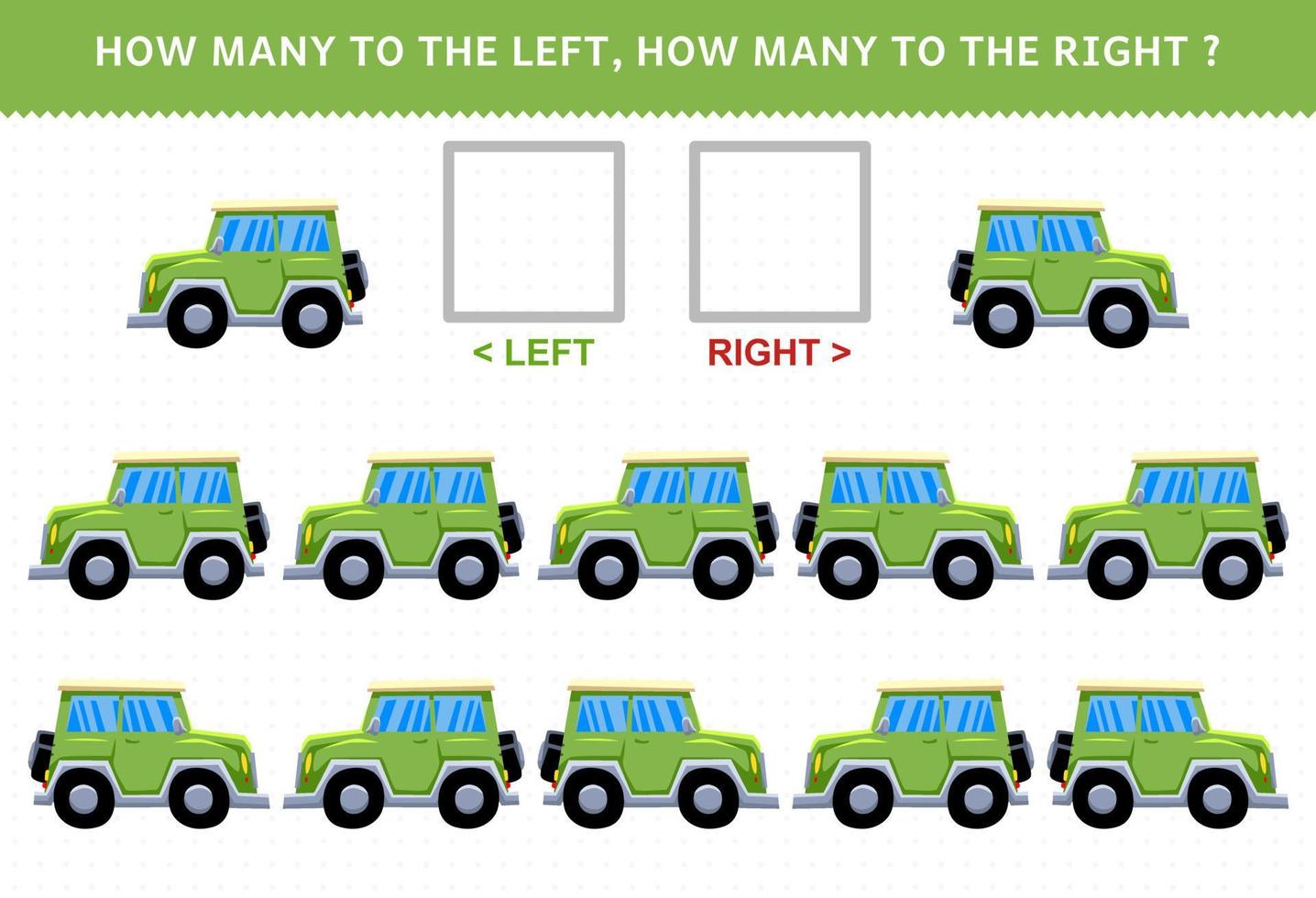 gioco educativo per bambini di contare l'immagine sinistra e destra con l'auto jeep del simpatico cartone animato vettore