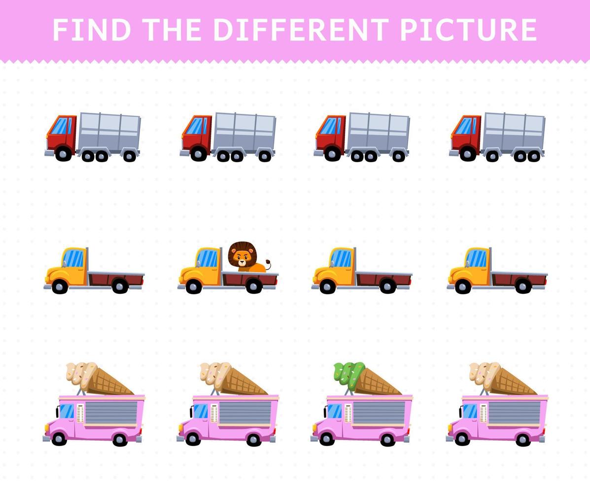 gioco educativo per bambini trova l'immagine diversa in ogni fila camion pick-up per il trasporto dei gelati vettore
