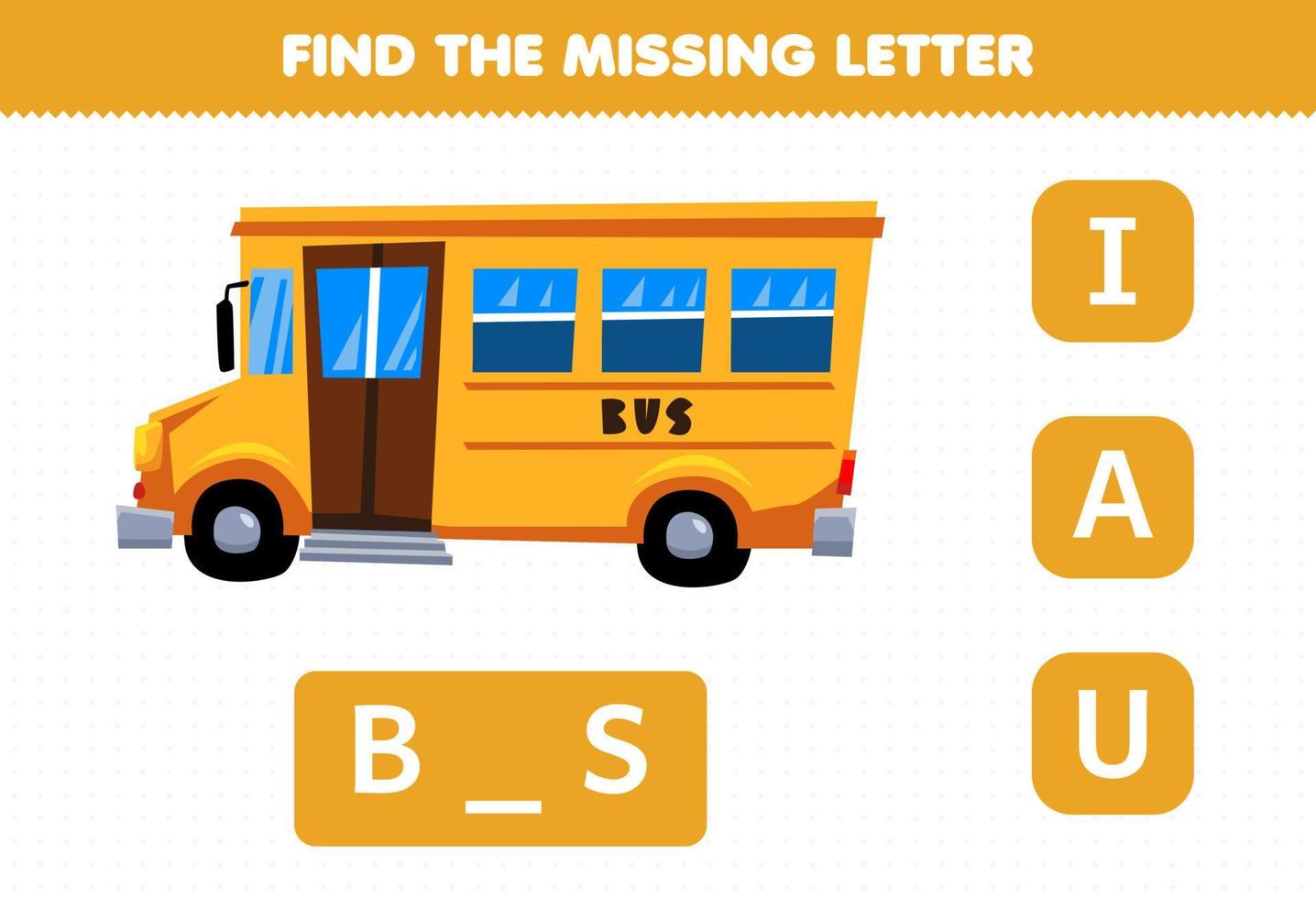 gioco educativo per bambini trova la lettera mancante bus di trasporto carino vettore