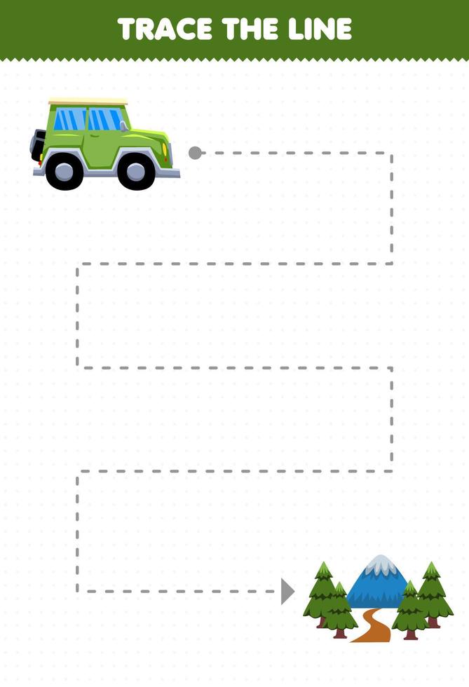 gioco educativo per bambini pratica della scrittura a mano traccia le linee aiutare il trasporto jeep car si sposta nella foresta vettore