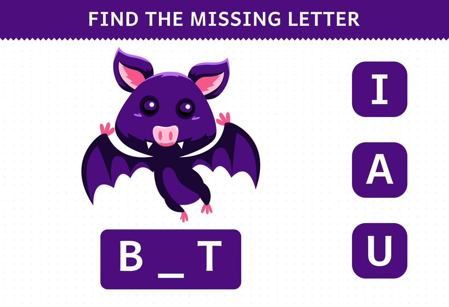 gioco educativo per bambini trova la lettera mancante pipistrello simpatico cartone animato vettore