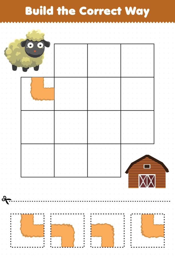 gioco educativo per bambini costruire il modo corretto aiutare le pecore carine a spostarsi nell'ovile vettore