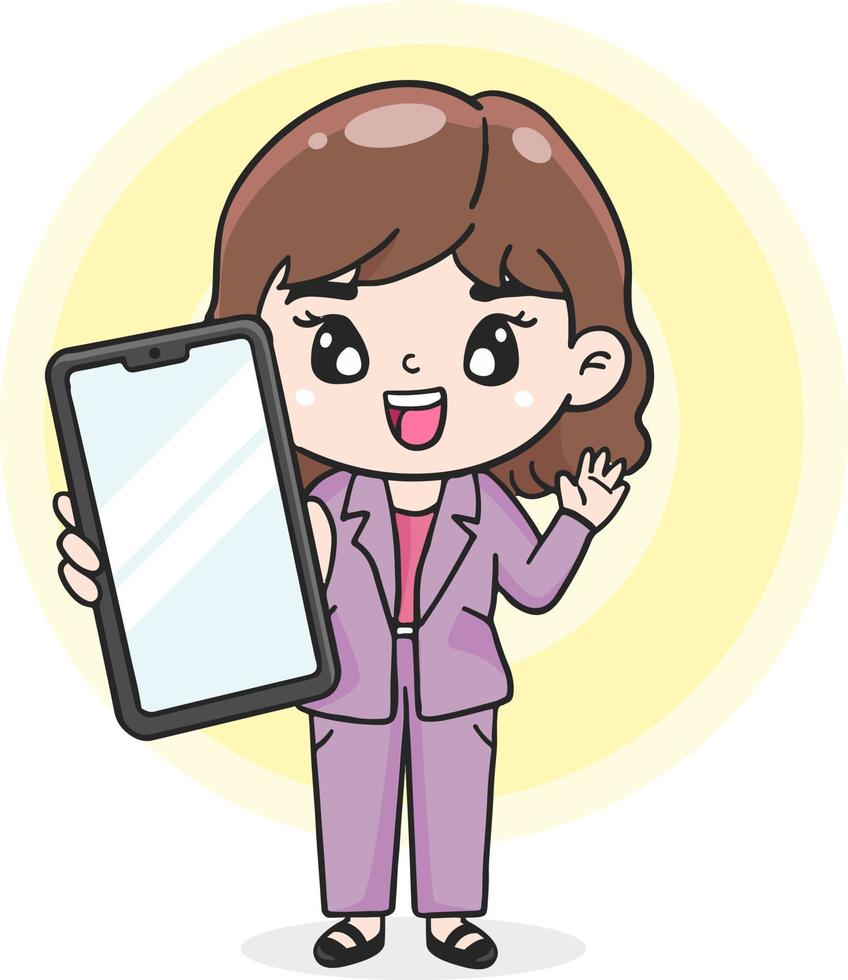 donna di affari del personaggio dei cartoni animati che tiene telefono cellulare, telefono astuto, illustrazione piana vettore